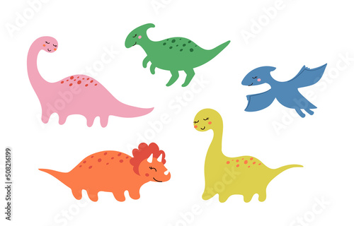 Cute little smiling dino girls set drawn in doodle style. Funny kids vector illustration of prehistoric animals for printing on stickers, postcards, textile, games