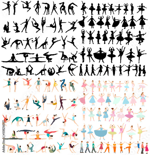 kids gymnasts and ballerinas set, collection in flat design isolated, vector