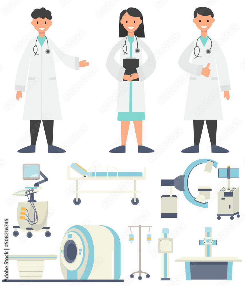 doctors and medical equipment flat design isolated, vector doctors and medical equipment flat design isolated, vector