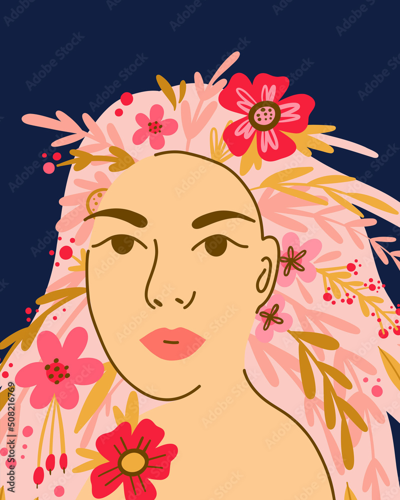 Flower woman. Beautiful girl portrait with flowers and leaves in hair, spring summer decoration, beauty fashion print. Mother's day, Valentine's day, March 8 glamour greeting card. Vector illustration