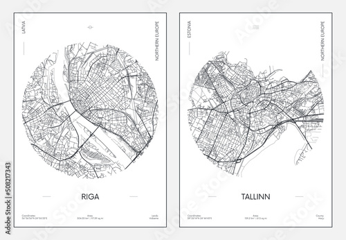 Travel poster, urban street plan city map Riga and Tallinn, vector illustration