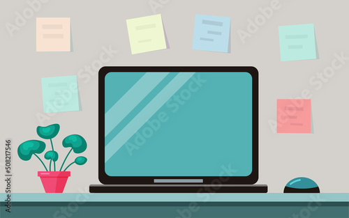 modern workspace flat vector style background design. Laptop on the table  lamp  coffee  books. Office desktop. Conference. Online learning. Lessons at home.