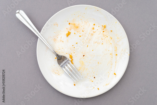 Top view of white plate, fork and food leftover
