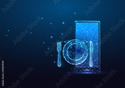 Futuristic restaurant menu application concept with glowing smartphone and silverware on blue