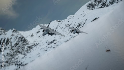Military airplanes, fighter planes flying fast in the mountains. Beautiful mountain snow-covered landscape. 3D rendering