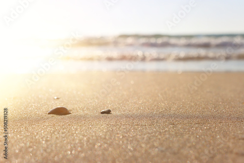 Sea waves and warm sunset light, calm and relaxing sandy beach