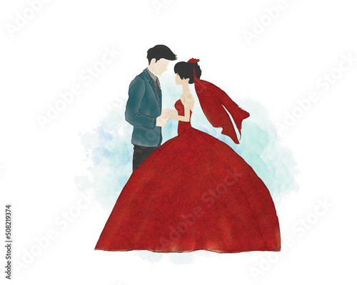 watercolor wedding illustration, romantic couple, bride and groom, husband and wife, man and woman, just married