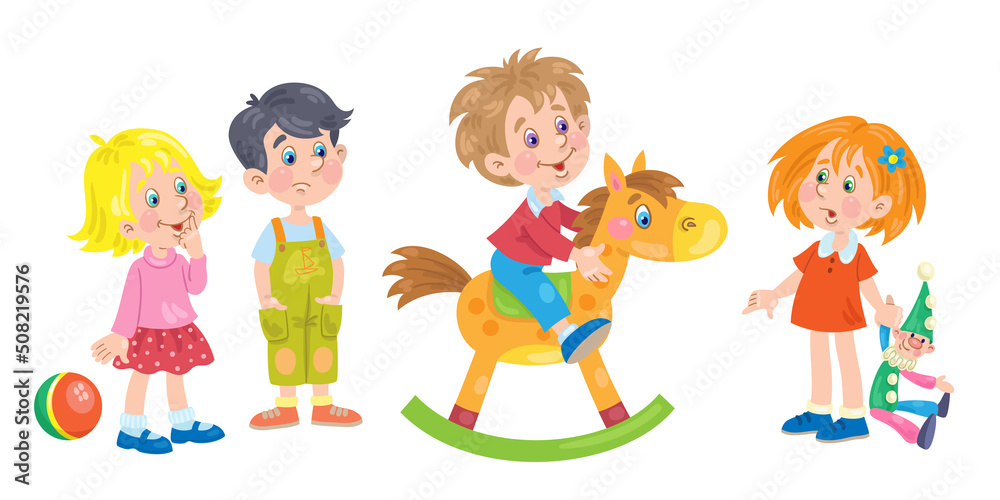 Kids are playing. Funny little boy on a wooden rocking horse and his friends around. In cartoon style. Isolated on a white background. Vector illustration