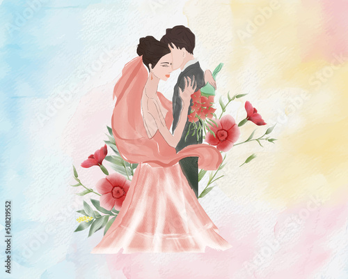 watercolor wedding illustration, romantic couple, bride and groom, husband and wife, man and woman, just married