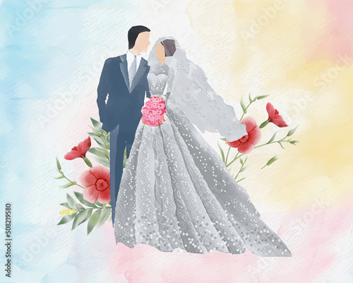 watercolor wedding illustration, romantic couple, bride and groom, husband and wife, man and woman, just married