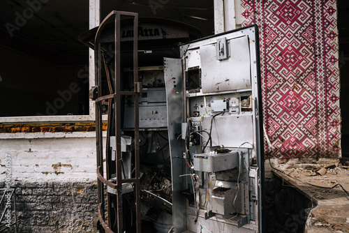 War in Ukraine. Hacked and blown up coffee machine in the city of Trostyanets liberated from the Russians. Russian military invasion of Ukraine.