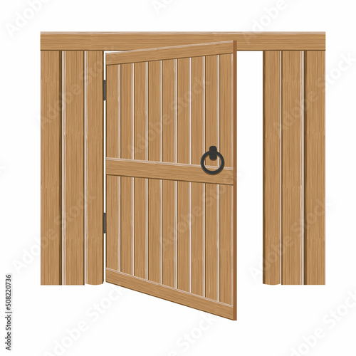 Old wooden massive open gates, vector illustration. Single door with iron handles and hinges