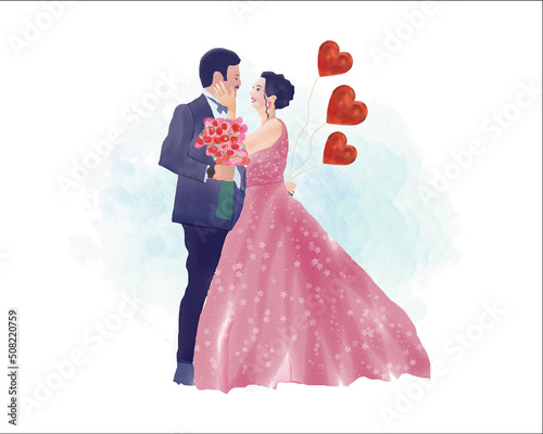 watercolor wedding illustration, romantic couple, bride and groom, husband and wife, man and woman, just married