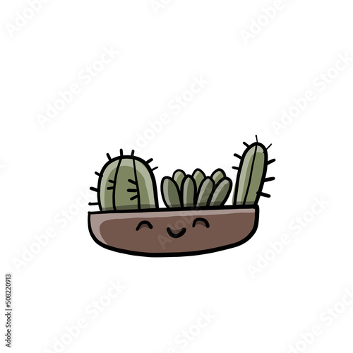 Cartoon cactus character. Kawaii potted plant for your design