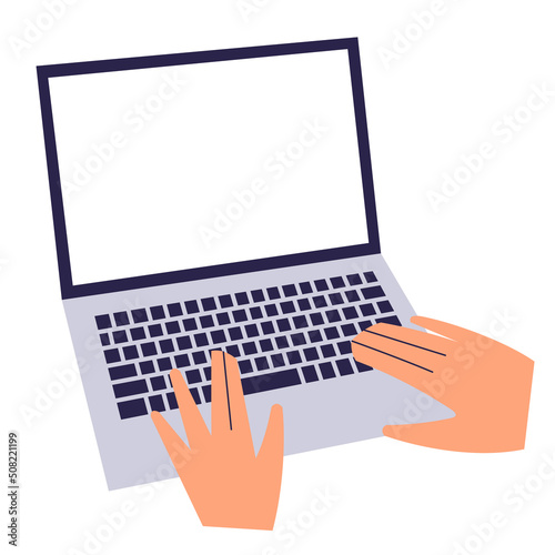 Two hands on a laptop keyboard with a blank screen. Man uses a laptop. Computer layout with hands isolated on white background. Flat style. Vector illustration.