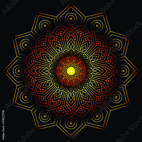 bohemian mandala print, antistress coloring book, tattoo design oriental or indian, islamic mysterious hand drawn ornament for meditation or yoga vector illustration. Black and gold color