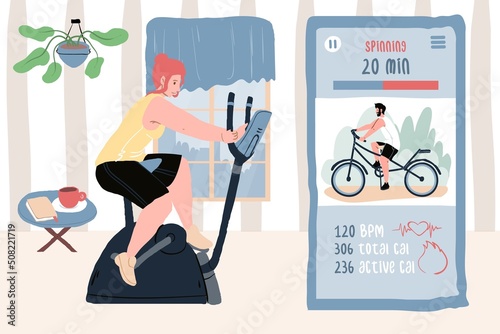 Vector cartoon flat woman character on stationary bike,image of mobile sports app for training planning,weight loss,timing,calorie counting-sporty mobile apps use concept,web site ad banner design