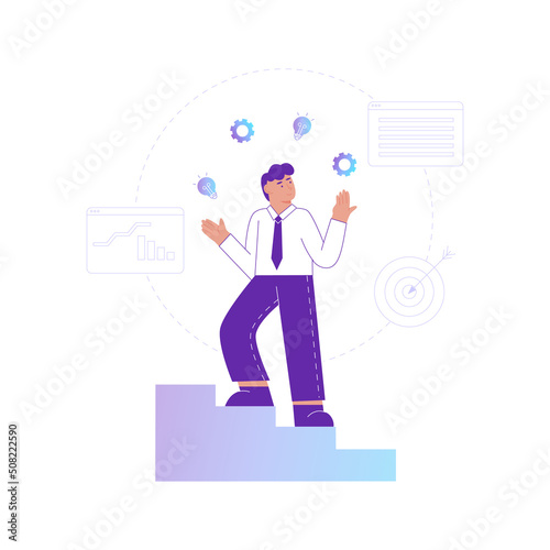 Productive master, productivity and project management skill, multitasking work and time management concept, skillful businessman riding unicycle juggling elements, laptop, calendar, ideas and emails.