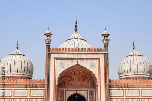 Architectural detail of Jama Masjid Mosque, Old Delhi, India, The spectacular architecture of the Great Friday Mosque (Jama Masjid) in Delhi 6 during Ramzan season, the most important Mosque in India photo