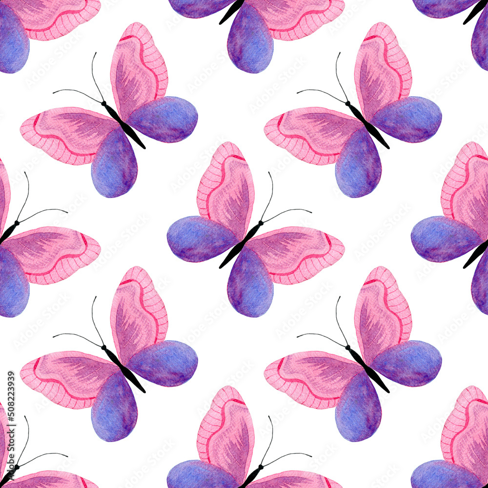 Hand-drawn butterflies seamless pattern on white background. Purple and pink beautiful watercolor wings. Simple fabric and wallpaper print
