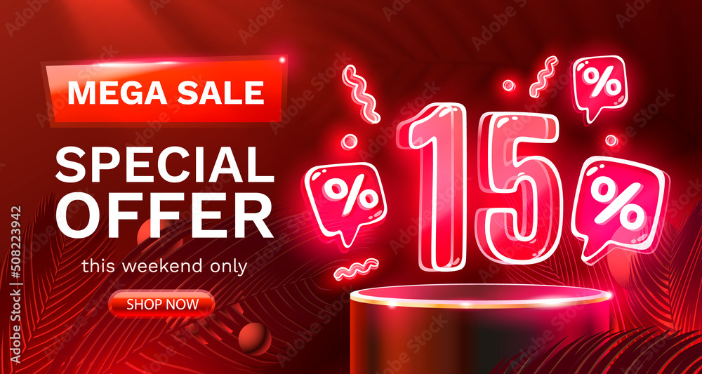 Mega sale special offer, Neon 15 off sale banner. Sign board promotion. Vector