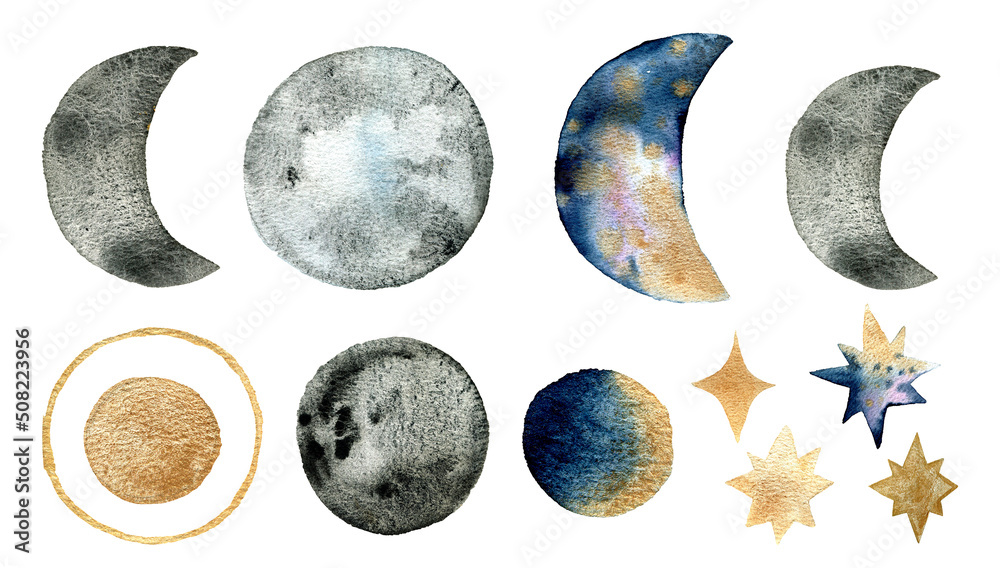 Set of colorful planets, stars isolated on white background. Watercolor hand drawn abstract planet balls. . High quality illustration