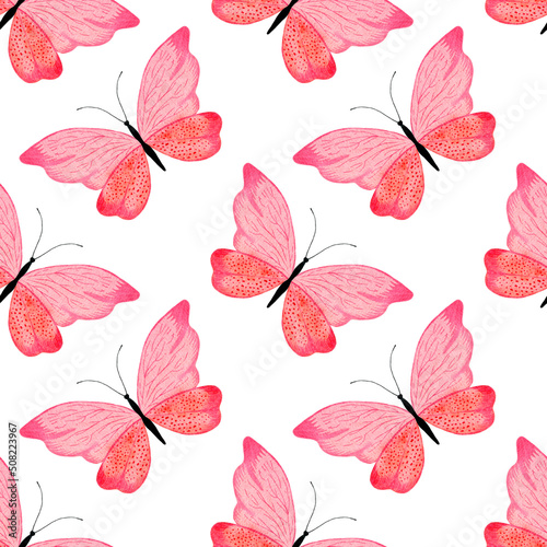 Red watercolot flying butterflies isolated on a white background. Summer seamless pattern with hand-drawn insects. Beautiful wings