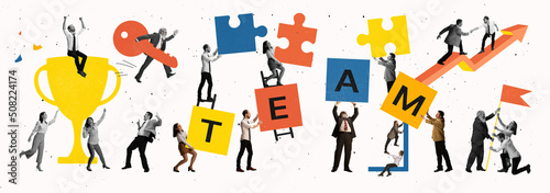 Contemporary art collage. Business people, employees connecting puzzles symbolizing well-coordinated teamwork