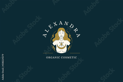 Esoteric woman long blonde hair and naked breast body posing at golden circle frame logo vector