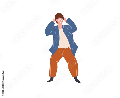 Vector cartoon flat hipster man character in stylish outfit with surprised expression emotion on face-fashion lifestyle,emotions,communication and relationships concept,web site banner ad design