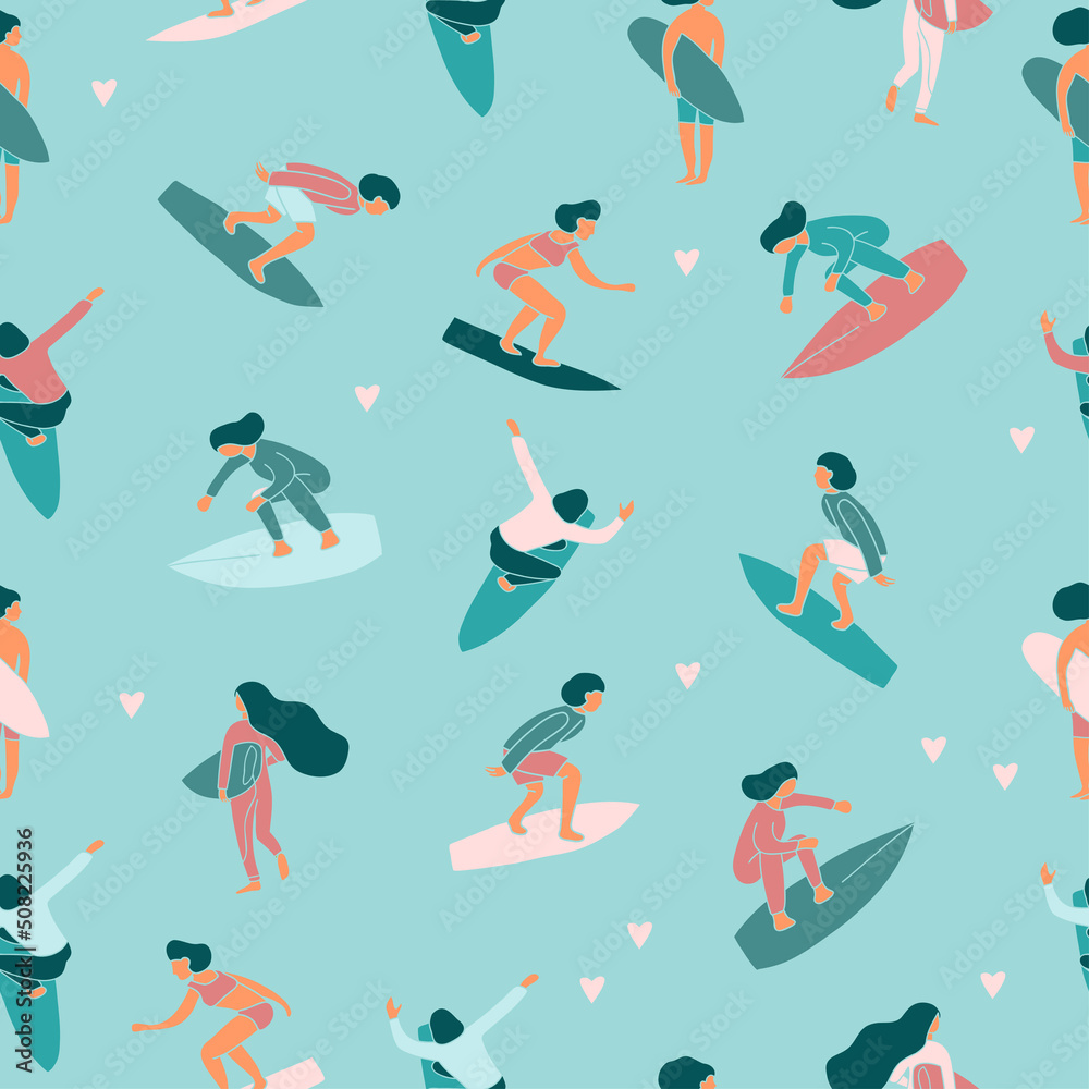 Surfers girls and boys with surfboards seamless pattern, wave riders and summer outdoors activities background. Beach sport, miami ocean surfers for cover, textile, fabric wallpaper