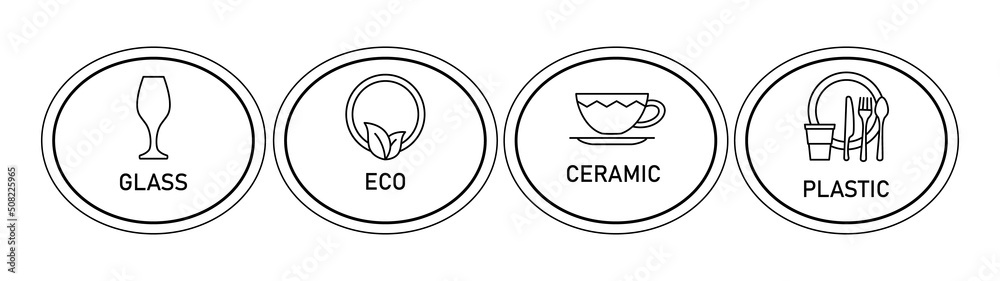 Cookware labeling icons. Glass, eco, plastic, disposable, ceramics. To designate a surface, a coating. Vector illustration isolated on white background, black and white line art Cookware labeling icons. Glass, eco, plastic, disposable, ceramics. To designate a surface, a coating. Vector illustration isolated on white background, black and white line art