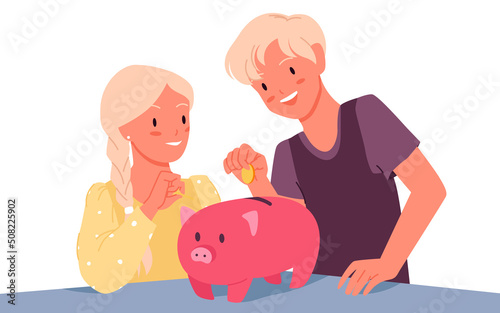 Cute kids putting coin to piggy bank vector illustration. Cartoon boy and girl with moneybox on table, thrifty siblings characters save money isolated on white. Good habit, thrift, investment concept