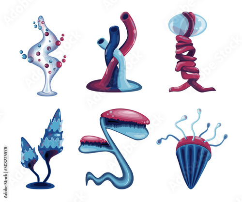 Fantasy alien plants set. Magic unusual nature elements, mushrooms, tentaculars, tubes, bubbles creatures isolated on white.