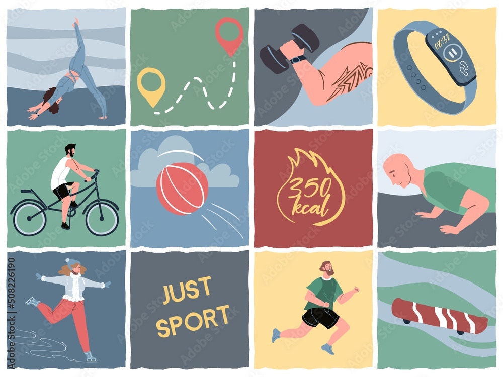 Square tiles set with vector cartoon flat characters doing sport activities,various sports equipment,symbols and phrases-healthy lifestyle concept,web site elements,online ad banner design
