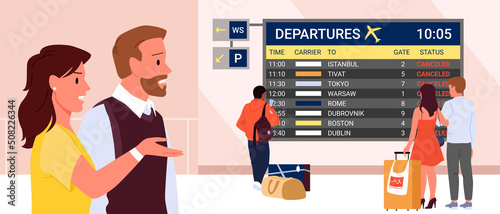 Canceled flights on departure airport screen board. Worried and disappointed passengers wait, delayed airline flight, aircraft problems, waiting lounge room terminal vector illustration