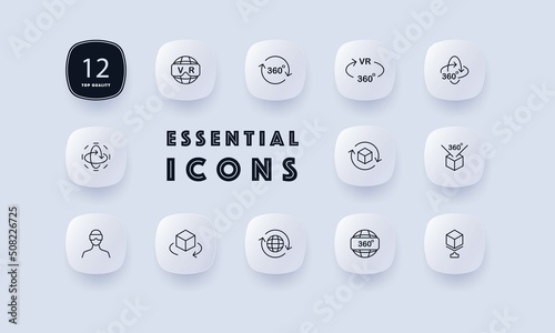 Virtual reality set icon. Man in 3d glass and helmet, Application Development. Planet with vr text. Arrow 360 degree viewing angle. Metaverse concept. Neomorphism style. Vector line icon for Business
