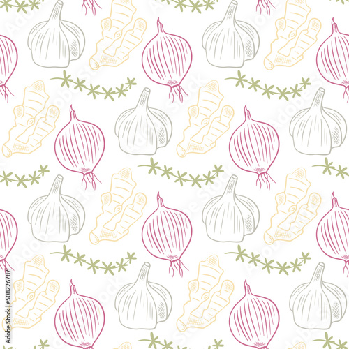 Spices garlic and onion hand engraved seamless pattern. Background pattern of natural culinary spices. White flavored food supplement. Template for packaging and printing vector illustration