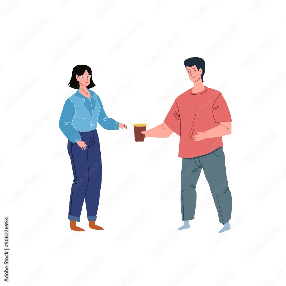 Vector cartoon flat happy family characters,young parents smiling,dad gives mom drink cup-positive emotions,healthy family relationships social concept,web site banner ad design Vector cartoon flat happy family characters,young parents smiling,dad gives mom drink cup-positive emotions,healthy family relationships social concept,web site banner ad design
