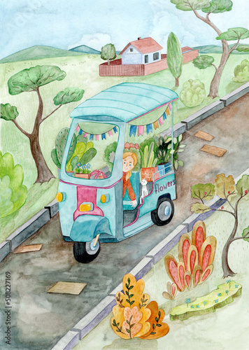 Girl florist in the truck with flowers. Simple colorful 
watercolor illustration.