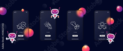 Accident set icon. Car crash, failure, emergency, breakdown, wreck, Cliff, descent, fallen tree, smoke, fire, collision. Traffic rules concept. Glassmorphism. UI phone app screen with robots