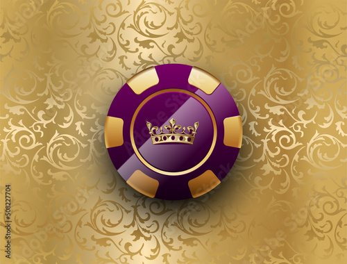 Purple gold poker chip glossy black jack poker club casino crown emblem on golden floral pattern background. Vector VIP casino chip luxury icon design. Royal casino background