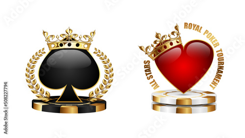Poker tournament emblem logo isolated on white background. Black spades in golden crown and laurel wreath. Royal red hearts on stack of white casino chips. Vector VIP casino sign design set