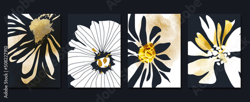 Set of abstract floral wall art template. Elegant line art, white flowers, leaves, foliage on dark background. Collection of luxury wall decoration perfect for decorative, interior, prints, banner.