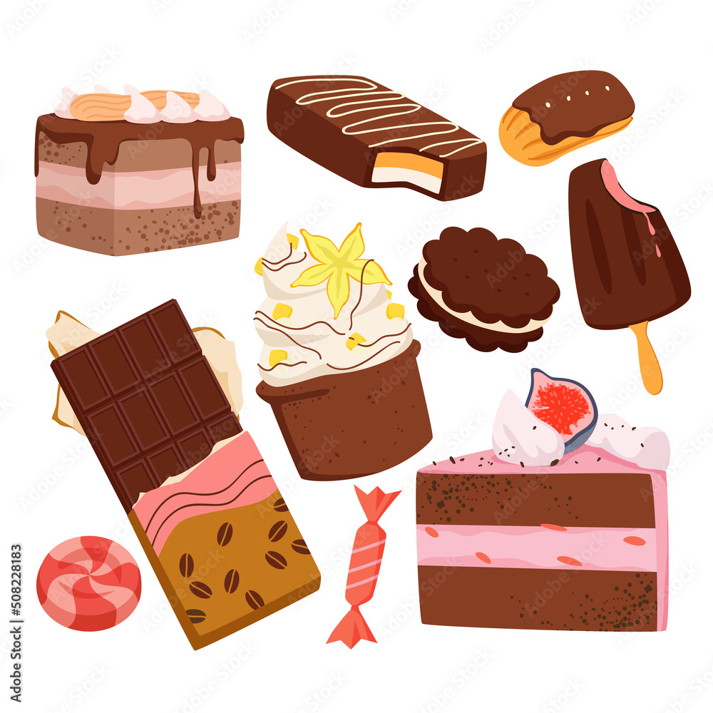 Sweet food with chocolate flavor set vector illustration. Cartoon pieces of  biscuit and cake with pink or cocoa mousse cream, dark chocolate bars,  candy in wrapper and cupcake isolated on white Stock