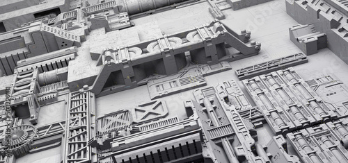 Fototapeta Naklejka Na Ścianę i Meble -  Space station or Scifi style futuristic facility or space age external grey panel surface background. Pipeline like external device. 3D Illustration, 3D rendering.