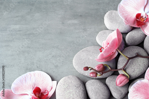 Flat lay composition with spa stones  orchid pink flower on grey background.