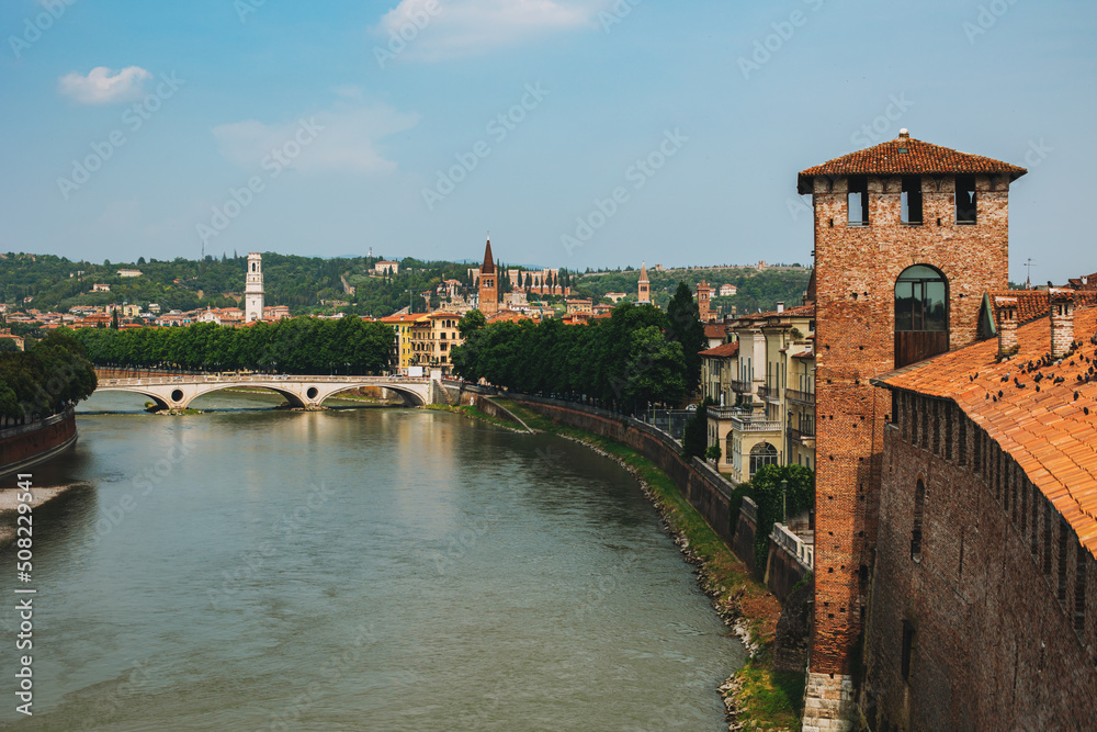 Panoramic cityscape view of Verona old town and Adige river.