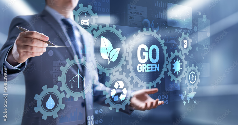 GO green eco technology ecology earth planet saving alternative energy. Button on virtual screen. GO green eco technology ecology earth planet saving alternative energy. Button on virtual screen.