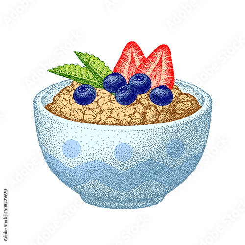 Granola in bowl with strawberries, blueberries, mint leaves. Oatmeal healthy breakfast, oat grain porridge. Cereal food, muesli flakes. Vector sketch.
